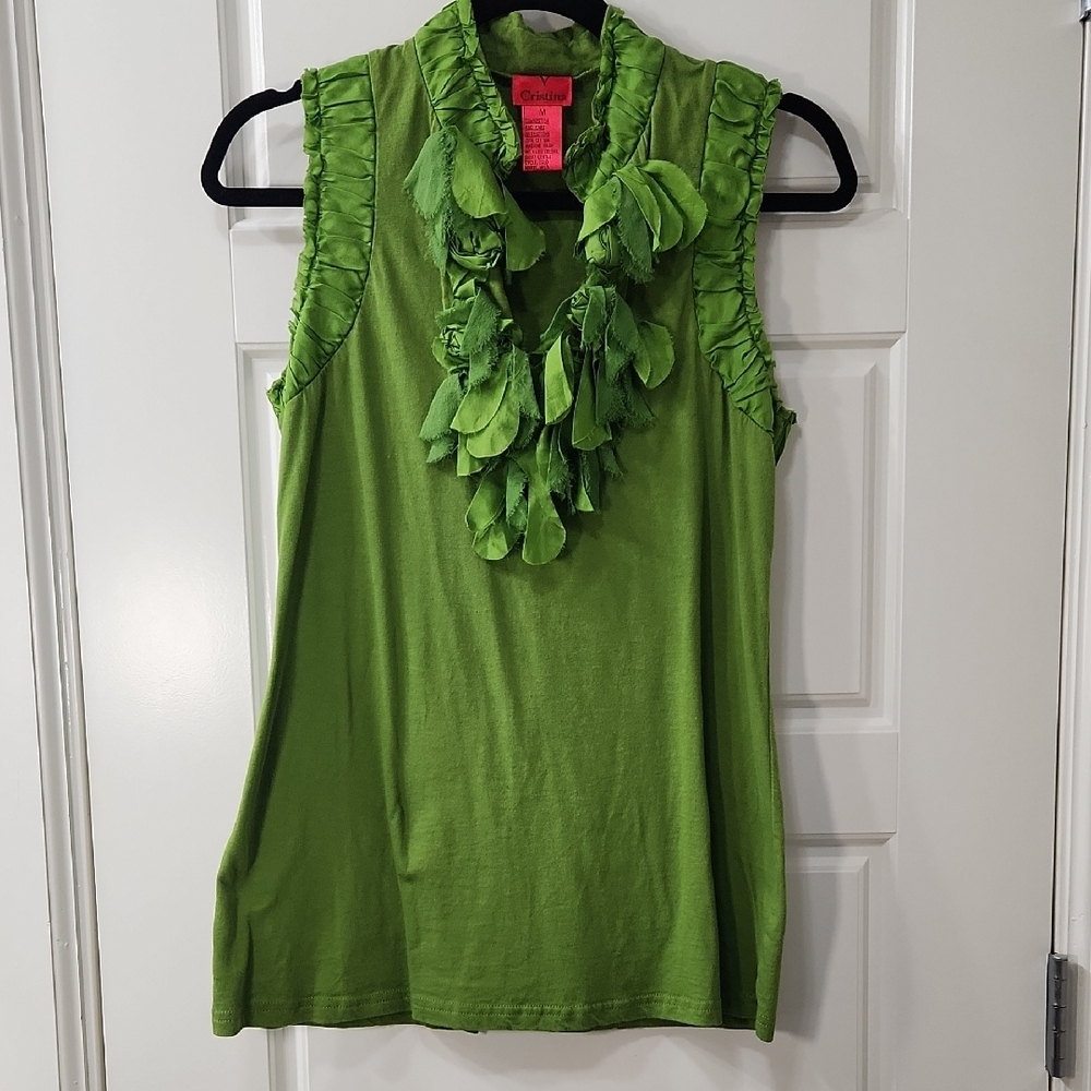 V Cristina Pea Green Sleeveless Blouse with Ruffle V-Neck - Medium